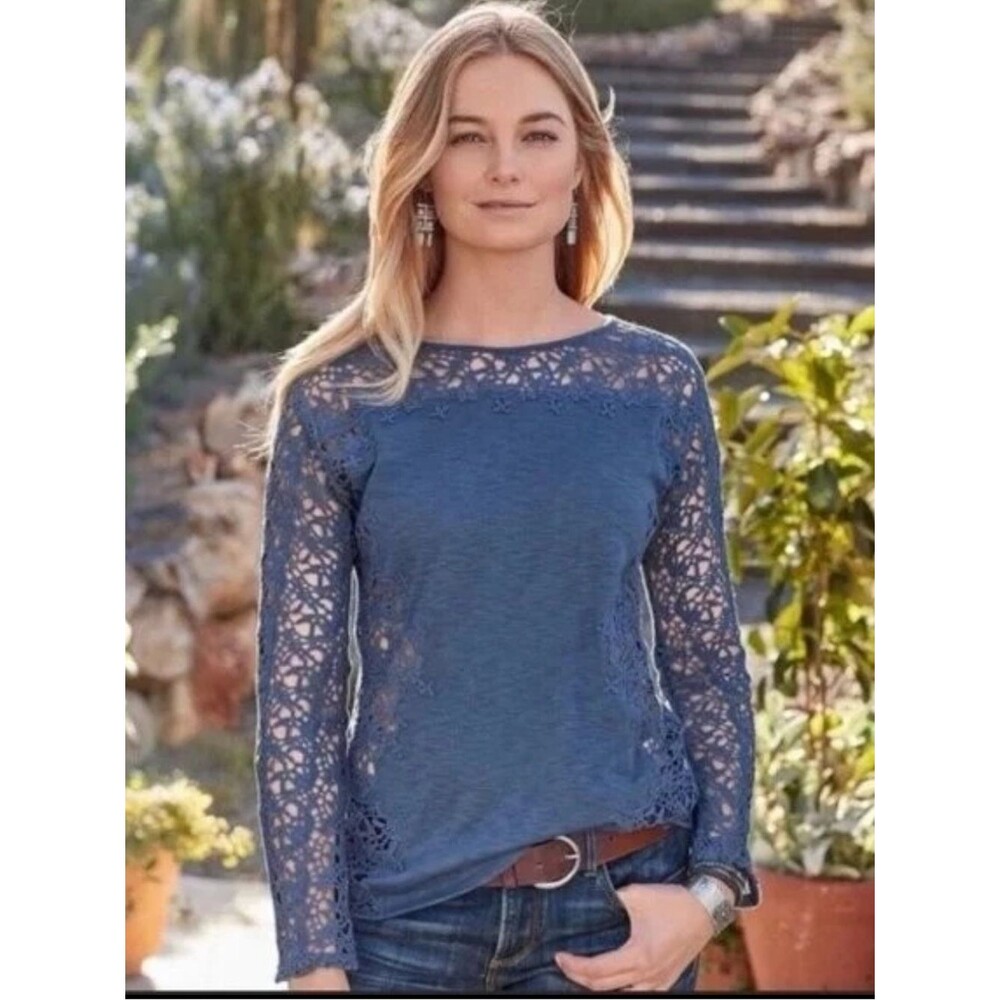 SUNDANCE Lilys Paramour Navy Blue Crochet Open Knit Top Womens Large